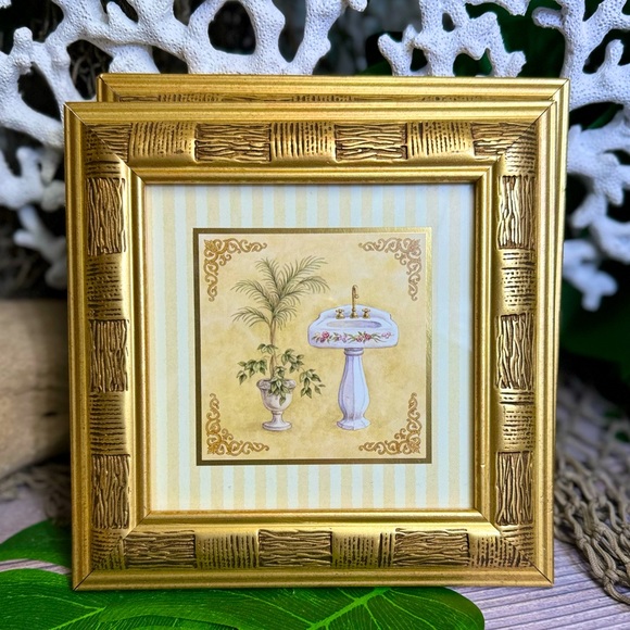 3 VINTAGE GOLD FRAMED PALM TREE NAUTICAL COASTAL BATHROOM PICTURES Bundle Bamboo - Picture 6 of 14